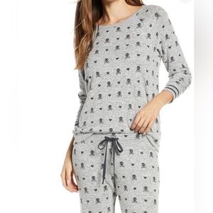 PJ Salvage Skull and Heart Long Sleeve Sweater Pajama Loungewear Top in Slate